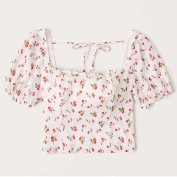 Abercrombie & Fitch Square Neck Puff Sleeve Top Cherry Print - Picture 1 of 4